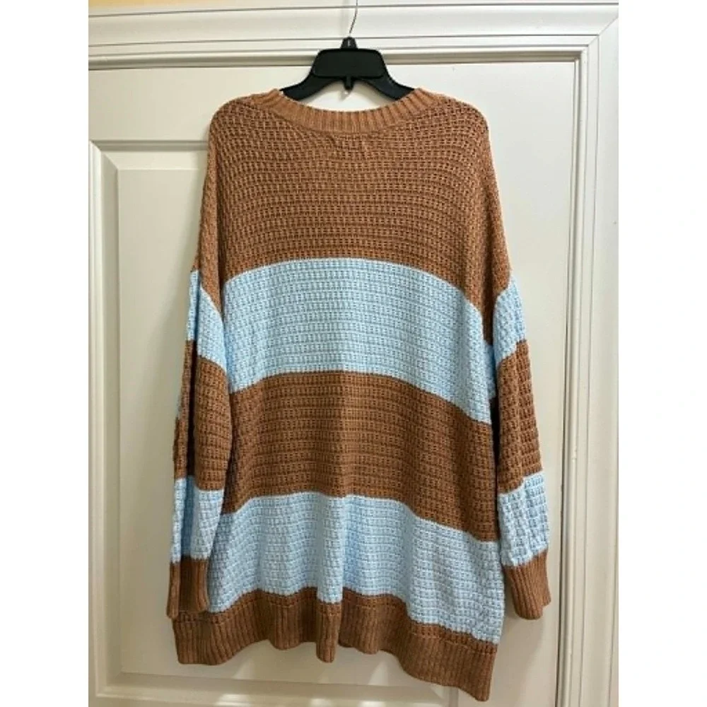 Old Navy Womens 3X Tunic Sweater Brown‎ Blue Colorblock Waffle Knit Cozy Plus